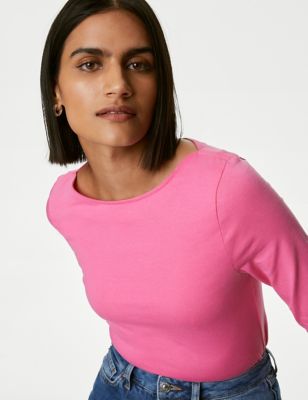M&S Womens Cotton Rich Slim Fit 3/4 Sleeve T-Shirt - 6 - Medium Pink, Medium Pink