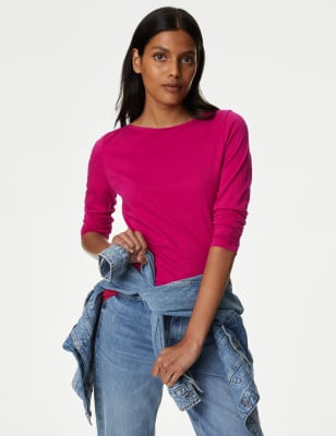

M&S Collection Camiseta de algodón ajustada de manga 3/4Womens - Cerise, Cerise