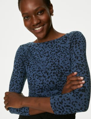 

Womens M&S Collection Cotton Rich Printed Slim Fit Top - Dark Blue Mix, Dark Blue Mix