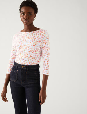 

Womens M&S Collection Cotton Rich Printed Slim Fit Top - Orange Mix, Orange Mix
