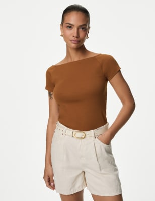 M&S Womens Pure Cotton Bardot Top - 8 - Rich Amber, Rich Amber,Black,Soft White