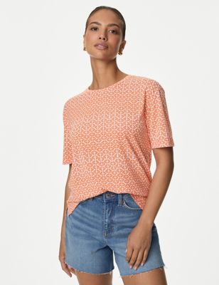

Womens M&S Collection Printed Relaxed T-Shirt - Orange Mix, Orange Mix