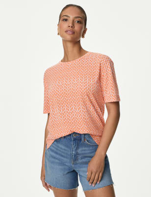 

Womens M&S Collection Bedrucktes T-Shirt in bequemer Passform - Orange Mix, Orange Mix