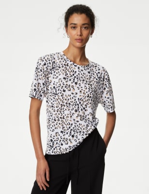 M&S Women's Printed Relaxed T-Shirt - 8 - White Mix, White Mix,Khaki Mix,Blue Mix,Pink,Grey Mix,Brow