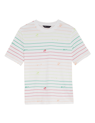 

Womens M&S Collection Pure Cotton Printed Straight Fit T-Shirt - White Mix, White Mix