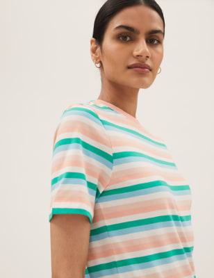 

Womens M&S Collection Pure Cotton Striped Crew Neck T-Shirt - Coral Mix, Coral Mix