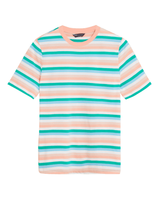 

Womens M&S Collection T-Shirt aus reiner Baumwolle mit Rundhalsausschnitt und Streifendesign - Coral Mix, Coral Mix