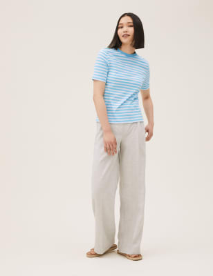 

Womens M&S Collection Pure Cotton Striped Crew Neck T-Shirt - Blue Mix, Blue Mix