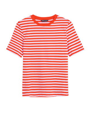 

Womens M&S Collection Pure Cotton Striped Crew Neck T-Shirt - Orange Mix, Orange Mix