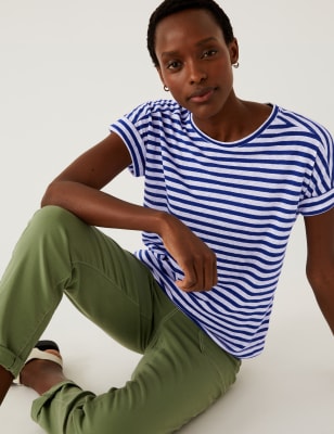 

Womens M&S Collection Linen Rich Striped T-Shirt - Electric Blue, Electric Blue
