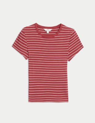 M&S Womens Cotton Rich Striped Ribbed T-Shirt - 6 - Red Mix, Red Mix,White Mix