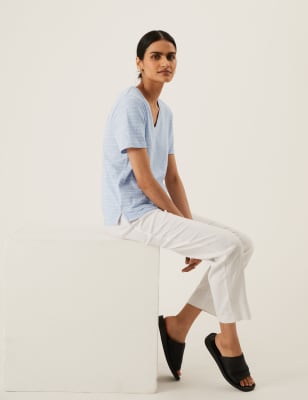 

M&S Collection Camiseta 100% algodón de escote en pico estampadaWomens - Blue Mix, Blue Mix