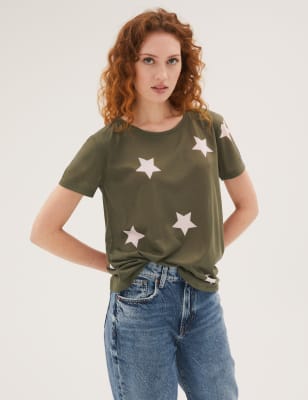 

Womens M&S Collection Bedrucktes Kurzarm-T-Shirt - Khaki Mix, Khaki Mix