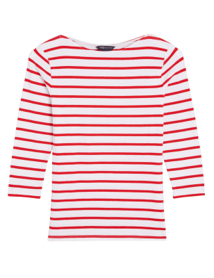 

Womens M&S Collection Eng anliegendes 3/4-Arm-Oberteil mit hohem Baumwollanteil und Streifen - Red Mix, Red Mix