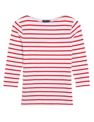 M&S Womens Cotton Rich Striped Fitted 3/4 Sleeve Top
