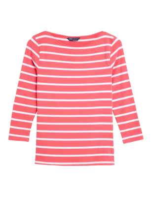 

Womens M&S Collection Cotton Rich Striped Fitted 3/4 Sleeve Top - Coral Mix, Coral Mix