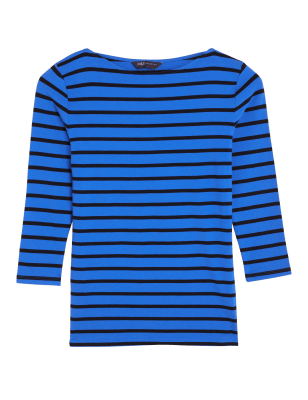 

Womens M&S Collection Cotton Rich Striped Fitted 3/4 Sleeve Top - Blue Mix, Blue Mix