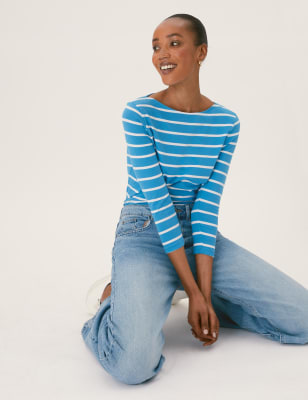 

Womens M&S Collection Cotton Rich Striped Fitted 3/4 Sleeve Top - Medium Turquoise, Medium Turquoise