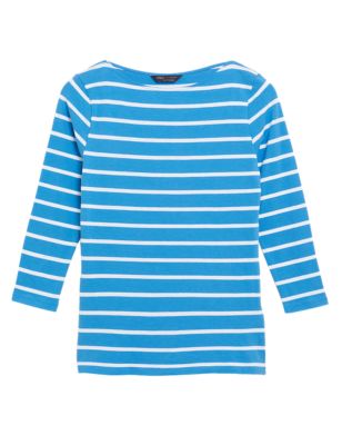 

Womens M&S Collection Cotton Rich Striped Fitted 3/4 Sleeve Top - Medium Turquoise, Medium Turquoise