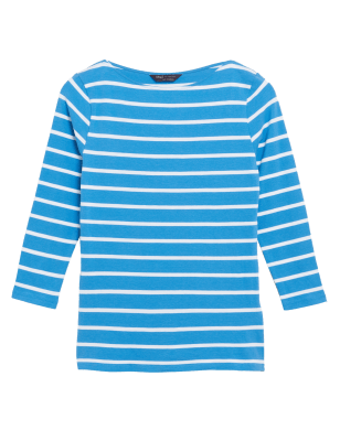 

Womens M&S Collection Cotton Rich Striped Fitted 3/4 Sleeve Top - Medium Turquoise, Medium Turquoise