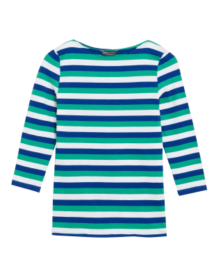 

Womens M&S Collection Eng anliegendes 3/4-Arm-Oberteil mit hohem Baumwollanteil und Streifen - Dark Green Mix, Dark Green Mix