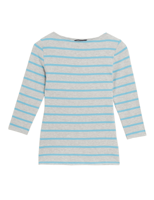 

Womens M&S Collection Eng anliegendes 3/4-Arm-Oberteil mit hohem Baumwollanteil und Streifen - Grey Mix, Grey Mix