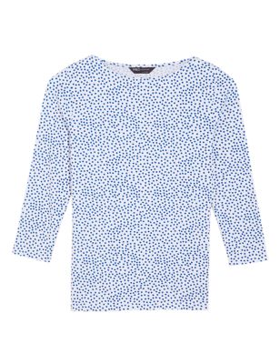 M&S Womens Cotton Rich Polka Dot Fitted 3/4 Sleeve Top