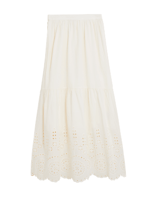

Womens M&S Collection Midi-Stufenrock aus reiner Baumwolle mit Lochstickerei - Light Cream, Light Cream