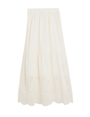 

Womens M&S Collection Pure Cotton Broderie Midi Tiered Skirt - Light Cream, Light Cream