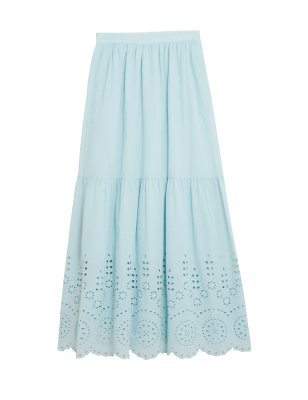 

Womens M&S Collection Pure Cotton Broderie Midi Tiered Skirt - Soft Peacock, Soft Peacock