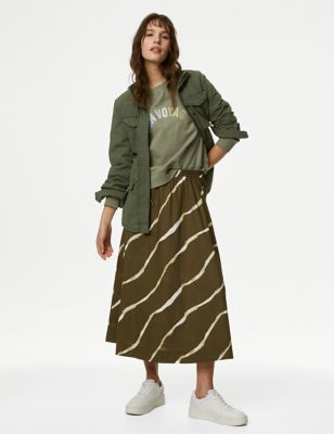 M&S Women's Pure Cotton Printed Midi A-Line Skirt - 16LNG - Khaki Mix, Khaki Mix