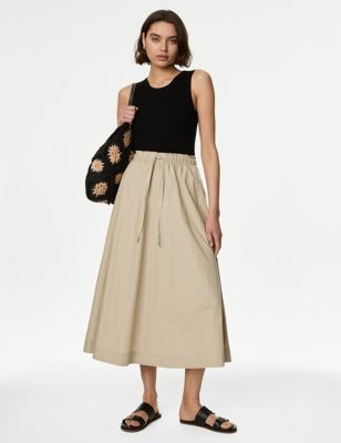 M&S Womens Pure Cotton Midi Utility Circle Skirt - 8LNG - Buff, Buff,Black