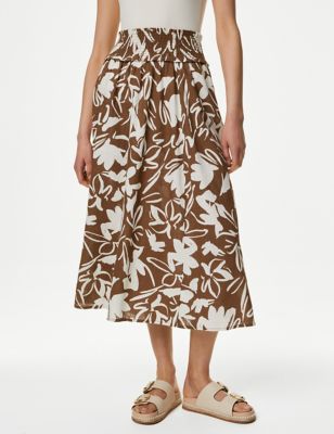 M&S Women's Pure Cotton Printed Pleated Midi Skirt - 6REG - Brown Mix, Brown Mix