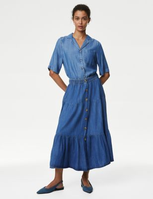 M&S Womens Denim Button Front Midi Tiered Skirt - 10PET, Denim
