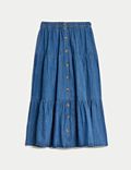 Denim Button Front Midi Tiered Skirt