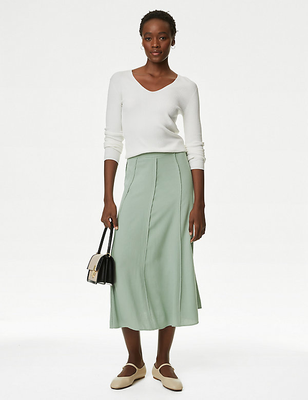 Panelled Midi A-Line Skirt with Linen - CA