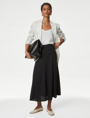 M&S Womens Panelled Midi A-Line Skirt with Linen - 8LNG - Black, Black,Light Green