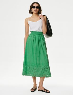 Pure Cotton Broderie Midi Skirt - FR