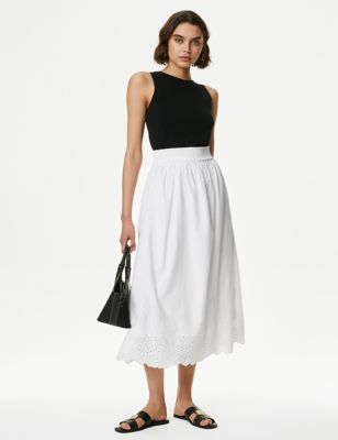 M&S Womens Pure Cotton Broderie Midi Skirt - 12REG - White, White,Green Mix