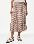 Checked Button Front Midi Skirt