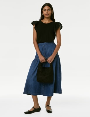 M&S Womens Denim Seam Detail Midi Tiered Skirt - 10LNG, Denim