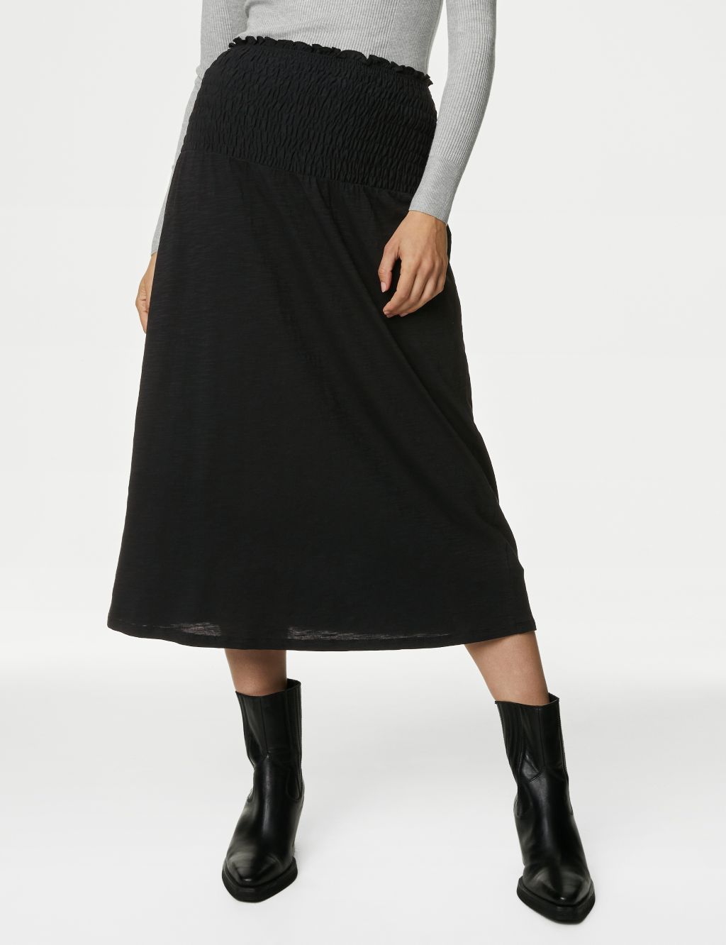Pure Cotton Shirred Midi A-Line Skirt image 4