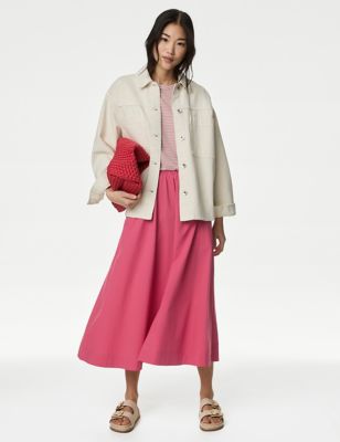 M&S Womens Pure Cotton Midi A-Line Skirt - 12LNG - Light Cranberry, Light Cranberry