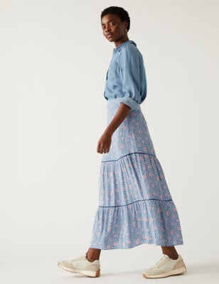 

Womens M&S Collection Printed Belted Maxi Tiered Skirt - Blue Mix, Blue Mix