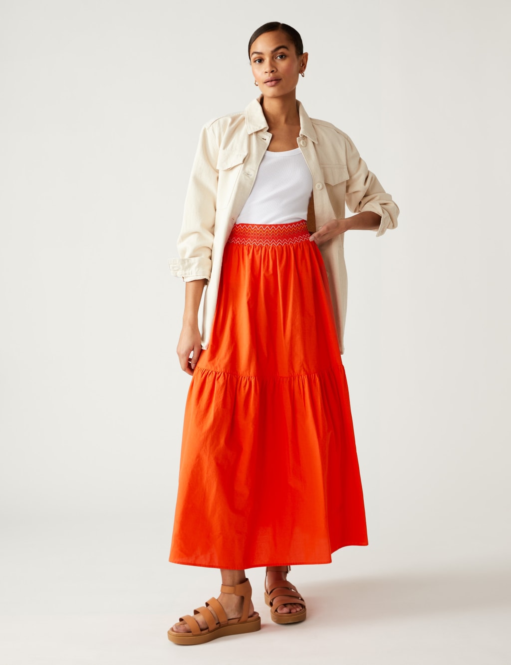 Pure Cotton Seam Detail Midi Tiered Skirt image 2