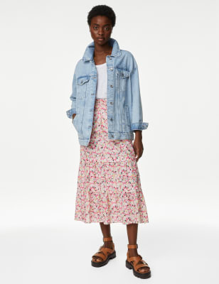 

Womens M&S Collection Midaxi-Stufenrock aus reiner Baumwolle mit Blumenmuster - Pink Mix, Pink Mix