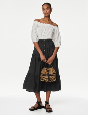 

Womens M&S Collection Gestufter Midirock aus Baumwolle mit Knopfleiste - Black, Black