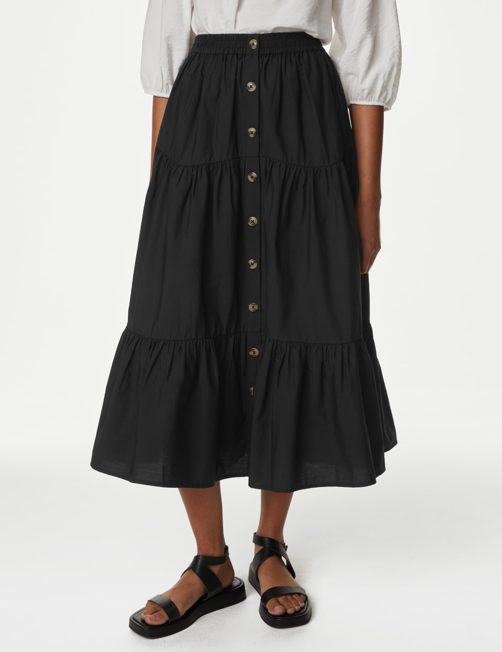 Cotton Button Down Tiered Midi Skirt image 3