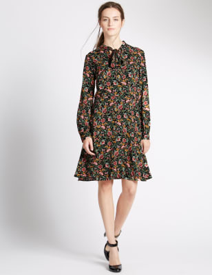 Floral Tea Print Long Sleeve Swing Dress