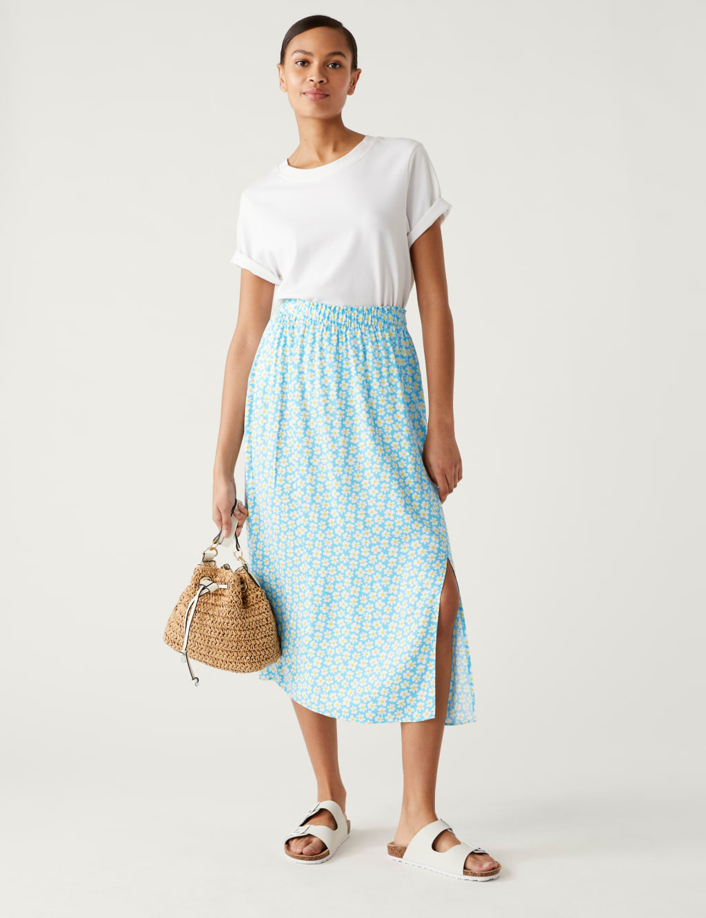 Printed Side Split Midi A-Line Skirt image 1